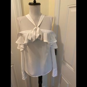 Guess White Ruffle Cold Shoulder Blouse Sz M NWOT